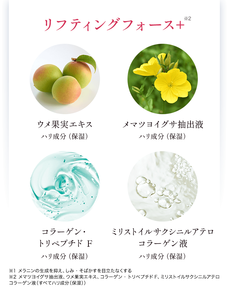 リフティングフォース+ ウメ果実エキス:ハリ成分（保湿） メマツヨイグサ抽出液:ハリ成分（保湿） コラーゲン・トリペプチド F:ハリ成分（保湿） ミリストイルサクシニルアテロコラーゲン液:ハリ成分（保湿） 