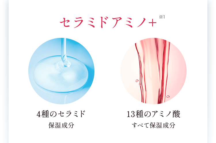 セラミドアミノ＋ 4種のセラミド:保湿成分 13種のアミノ酸:全て保湿成分