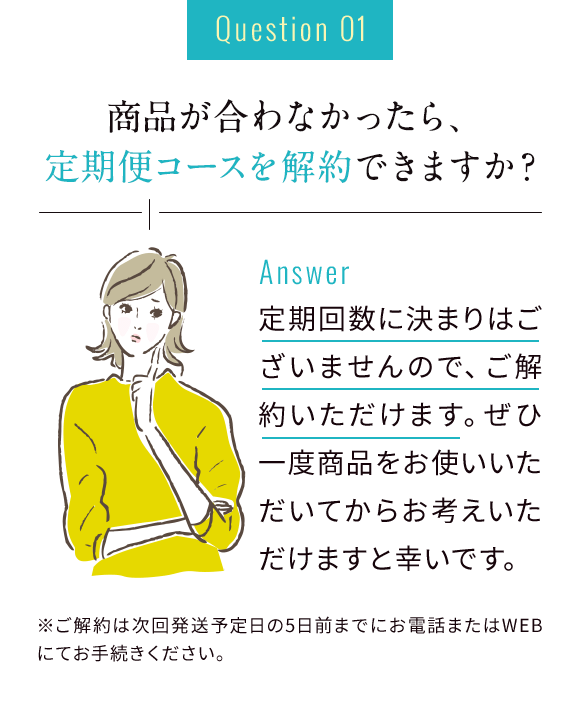 Question01 商品が合わなかったら、 定期便コースを解約できますか？ Answer 定期回数に決まりはございませんので、ご解約いただけます。ぜひ一度商品をお使いいただいてからお考えいただけますと幸いです。※ご解約は次回発送予定日の5日前までにお電話またはWEBにてお手続きください。
