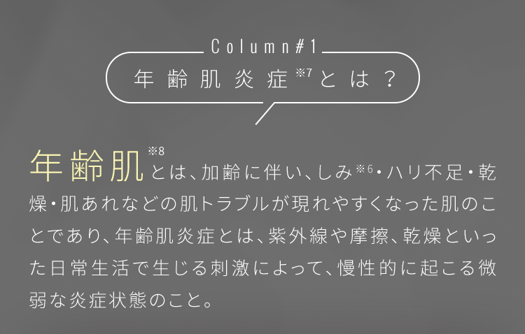 年齢肌とは、加齢に伴い、しみ※6・ハリ不足・乾燥・肌あれなどの肌トラブルが現れやすくなった肌のことであり、年齢肌炎症とは、紫外線や摩擦、乾燥といった日常生活で生じる刺激によって、慢性的に起こる微弱な炎症状態のこと。