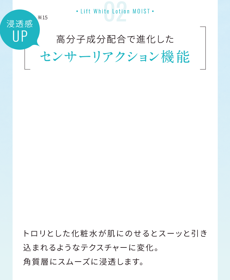 Lift White Lotion MOIST 02 透明感UP※15 高分子成分配合で進化したセンサーリアクション機能 トロリとした化粧水が肌にのせるとスーッと引き込まれるようなテクスチャーに変化。角質層にスムーズに浸透します。