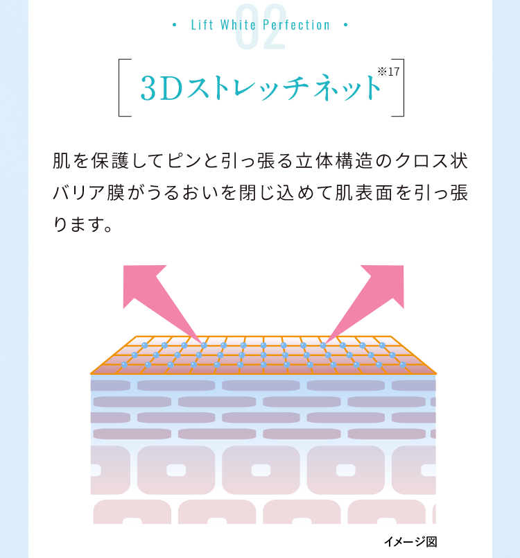 Lift White Perfection02 3Dストレッチネット 肌を保護してピンと引っ張る立体構造のクロス状バリア膜がうるおいを閉じ込めて肌表面を引っ張ります。