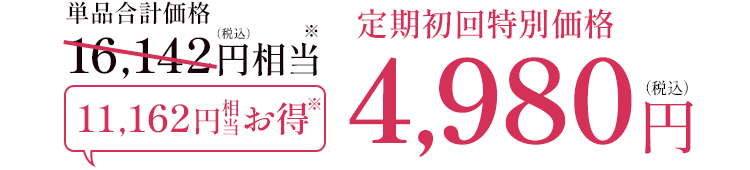 単品合計価格(税込)※ 16,142円相当 11,162円相当お得※ 定期初回特別価格(税込)4,980円