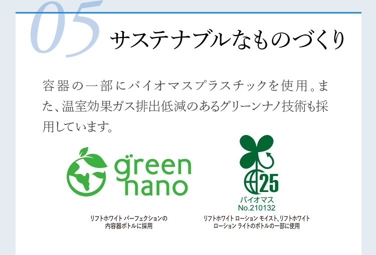 05 サステナブルなものづくり 容器の一部にバイオマスプラスチックを使用。また、温室効果ガス排出低減のあるグリーンナノ技術も採用しています。