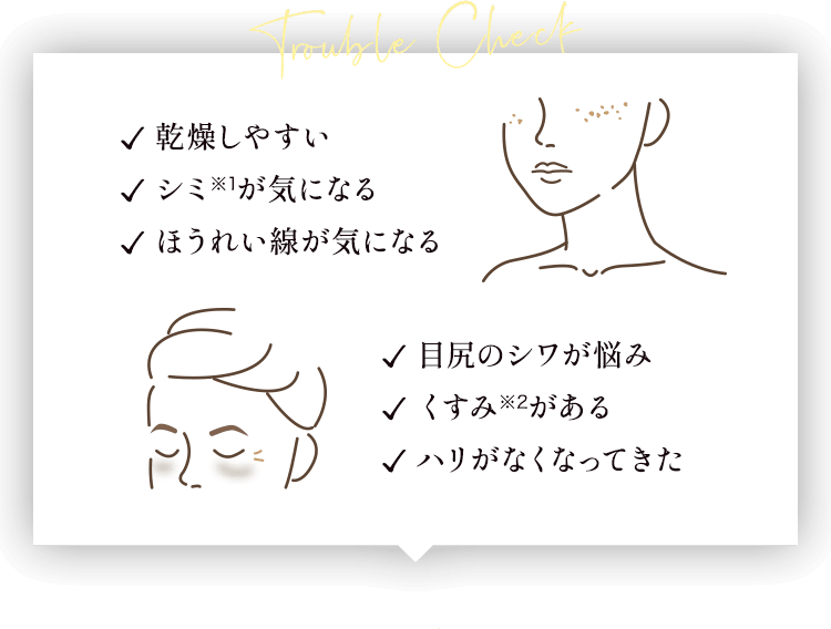 Trouble Check ✓乾燥しやすい✓しみ※17が気になる✓ほうれい線が気になる ✓目尻のシワが悩み✓くすみ※8がある✓ハリがなくなってきた