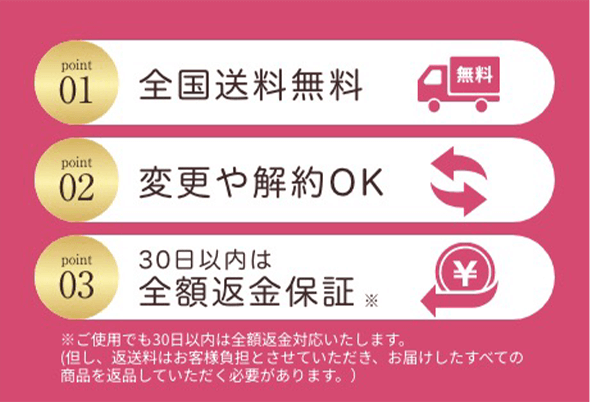 point01 全国送料無料 point02 変更や解約OK point03 30日以内は全額返金保証※ ※ご使用でも30日以内は全額返金対応いたします。（但し、返送料はお客様負担とさせていただき、お届けしたすべての商品を返品していただく必要があります。）