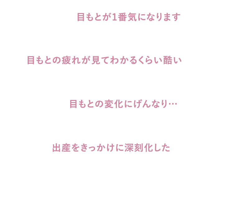 目もとが1番気になります、目もとの疲れが見てわかるくらい酷い、目もとの変化にげんなり…、出産をきっかけに深刻化した ※fastaskを使用したアンケートデータ調査（n=113）調査期間：2023年8月