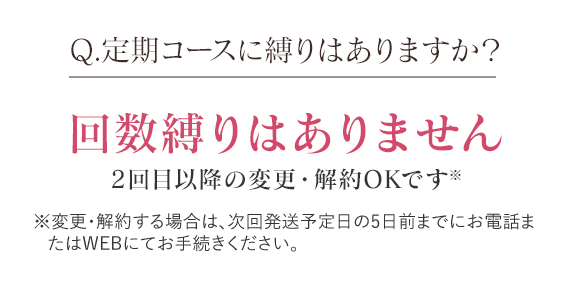 Q.定期コースに縛りはありますか？ 回数縛りはありません2回目以降の変更・解約OKです※ ※変更・解約する場合は、次回発送予定日の5日前までにお電話またはWEBにてお手続きください。