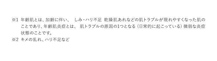 ※1 年齢肌とは、加齢に伴い、 しみ・ハリ不足 乾燥肌あれなどの肌トラブルが現れやすくなった肌のことであり、年齢肌炎症とは、 肌トラブルの原因の1つとなる (日常的に起こっている) 微弱な炎症状態のことです。 ※2 キメの乱れ、ハリ不足など