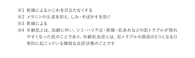 ※1 乾燥による小じわを目立たなくする ※2 メラニンの生成を抑え、しみ・そばかすを防ぐ ※3 乾燥による ※4 年齢肌とは、加齢に伴い、シミ・ハリ不足・乾燥・肌あれなどの肌トラブルが現れやすくなった肌のことであり、年齢肌炎症とは、肌トラブルの原因の1つとなる日常的に起こっている微弱な炎症状態のことです