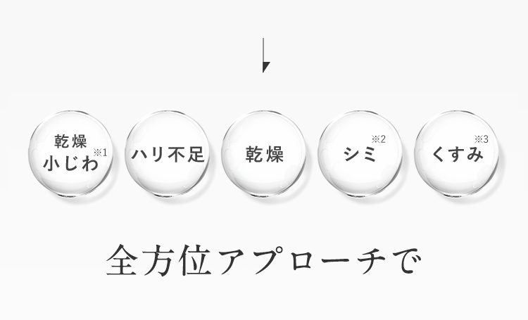 乾燥小じわ※1 ハリ不足 乾燥 シミ※2 くすみ※3 全方位アプローチで