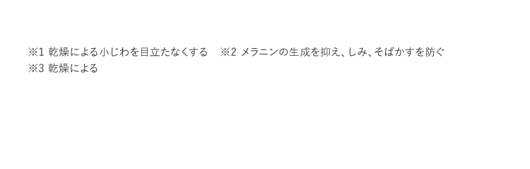 ※1 乾燥による小じわを目立たなくする ※2 メラニンの生成を抑え、しみ、そばかすを防ぐ ※3 乾燥による