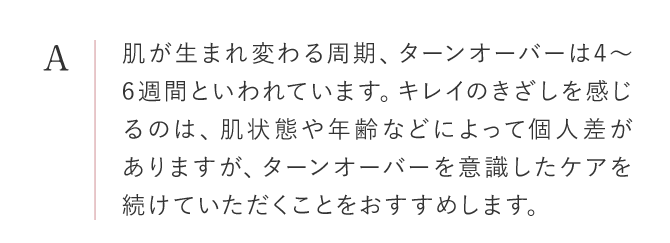 肌が生まれ変わる周期、ターンオーバーは4〜6週間といわれています。ですから、1ヶ月〜1ヶ月半以上、継続してご使用いただくことで、効果をご実感いただけることと思います。