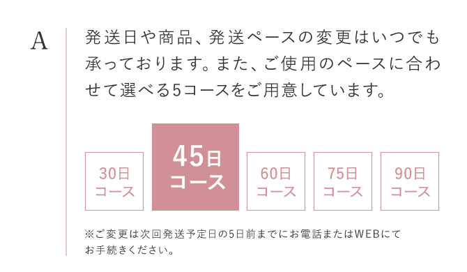 発送日や商品、発送ペースの変更はいつでも承っております。また、ご使用のペースに合わせて選べる5コースをご用意しています。※ご変更は次回発送予定日の5日前までにお電話またはWEBにてお手続きください。