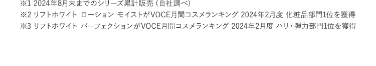 ※1 2024年8月末までのシリーズ累計販売（自社調べ） ※2 リフトホワイト ローション モイストがVOCE月間コスメランキング 2024年2月度 化粧品部門1位を獲得 ※3 リフトホワイト パーフェクションがVOCE月間コスメランキング 2024年2月度 ハリ・弾力部門1位を獲得