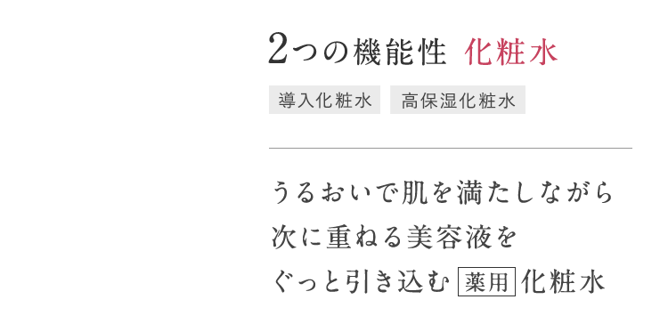 2つの機能性 化粧水 導入化粧水 高保湿化粧水 うるおいで肌を満たしながら 次に重ねる美容液をぐっと引き込む薬用化粧水