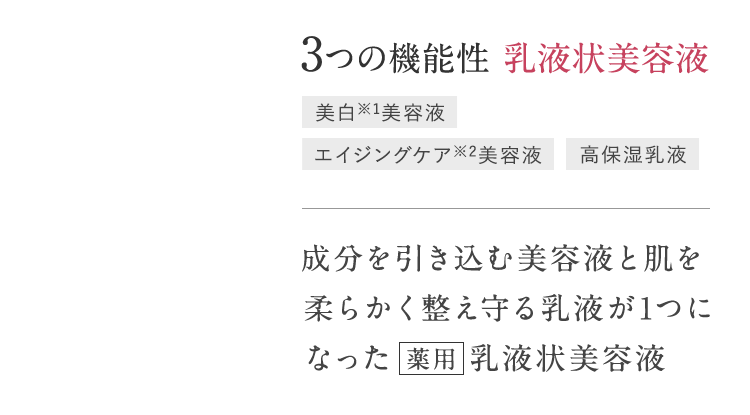 3つの機能性 乳液状美容液 美白※1美容液 エイジングケア※2美容液 高保湿乳液 成分を引き込む美容液と肌を柔らかく整え守る乳液が1つになった 薬用乳液状美容液