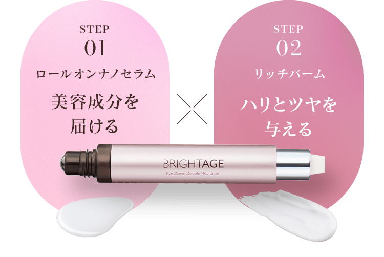 STEP01ロールオンナノセラム美容成分を届ける STEP02リッチバームハリとツヤを与える