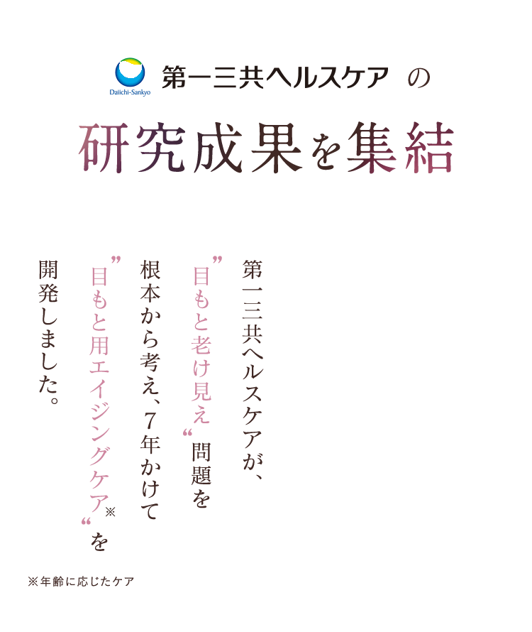 第一三共ヘルスケアの研究成果を集結第一三共ヘルスケアが、目もと老け見え問題を根本から考え、7年かけて目もと用エイジングケアを開発しました。※年齢に応じたケア