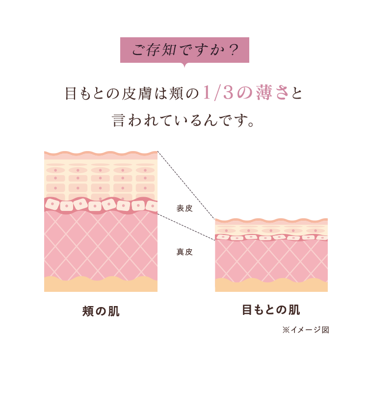 ご存知ですか？目もとの皮膚は頬の1/3の薄さと言われているんです。