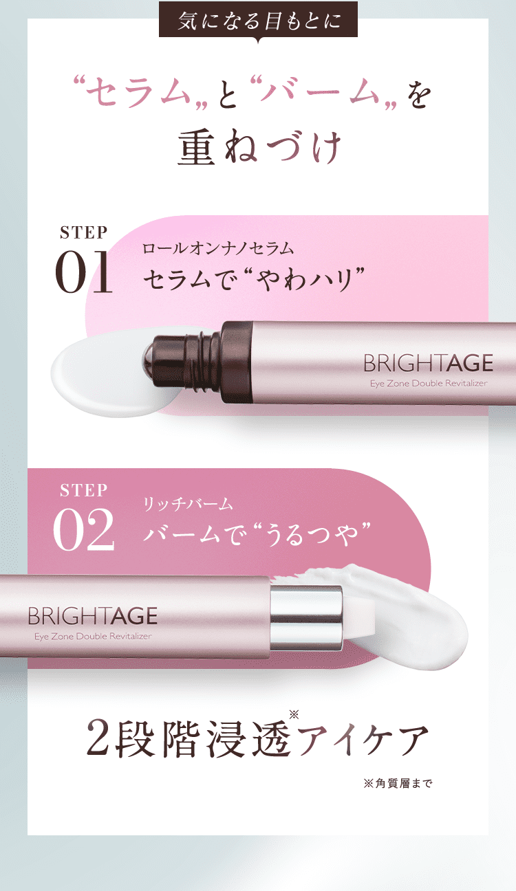 気になる目もとにセラムとバームを重ねづけ STEP01 ロールオンナノセラムセラムで“やわハリ” STEP02 リッチバームバームで“うるつや”2段階浸透アイケア※角質層まで