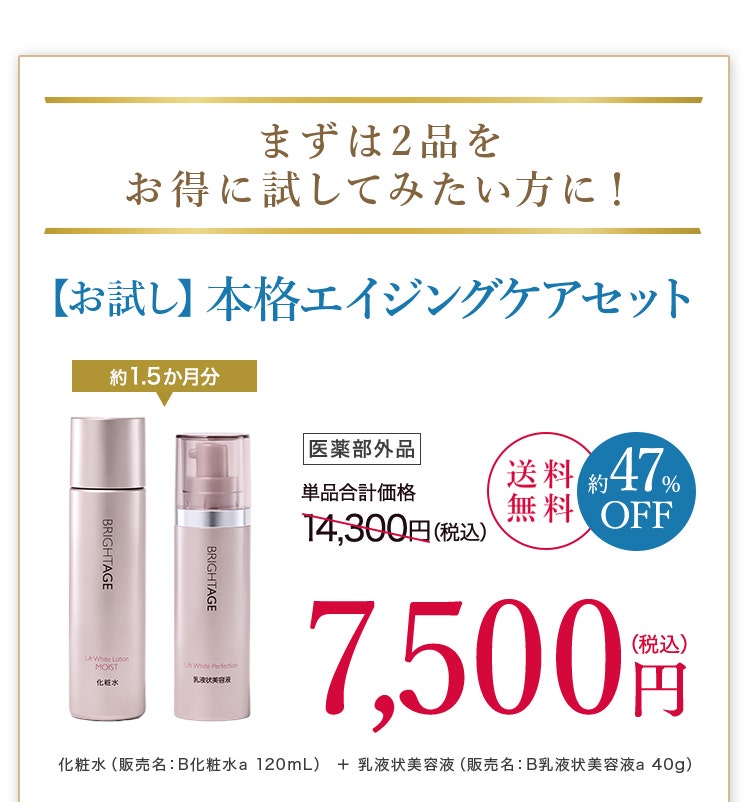 まずは2品をお得に試してみたい方に！【お試し】本格エイジングケアセット 約1.5か月分 医薬部外品 単品合計価格14,300円(税込)が7,500円(税込) 送料無料 約47%OFF 化粧水(販売名:B化粧水a 120mL) + 乳液状美容液(販売名:B乳液状美容液a 40g)