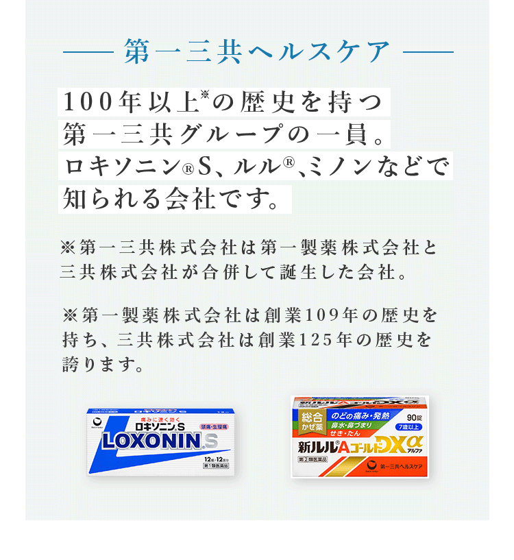 第一三共ヘルスケア 100年以上※の歴史を持つ第一三共グループの一員。ロキソニン®S、ルル®、ミノンなどで知られる会社です。※第一三共株式会社は第一製薬株式会社と三共株式会社が合併して誕生した会社。※第一製薬株式会社は創業109年の歴史を持ち、三共株式会社は創業125年の歴史を誇ります。