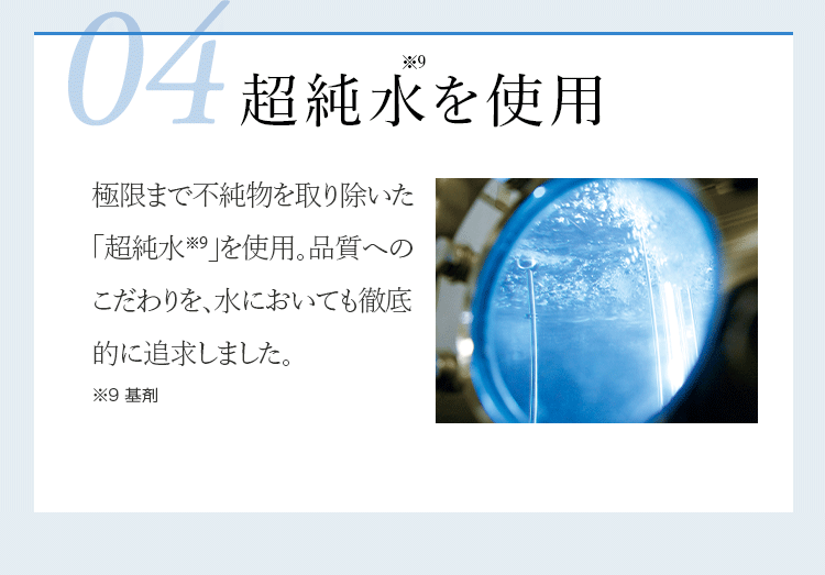 04 超純水※9を使用 極限まで不純物を取り除いた「超純水※9」を使用。品質へのこだわりを、水においても徹底的に追求しました。※9 基剤