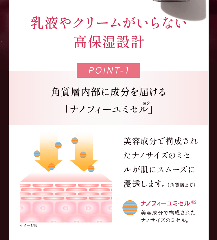 乳液やクリームがいらない高保湿設計 POINT1 角質層内部に成分を届ける「ナノフィーユミセル」