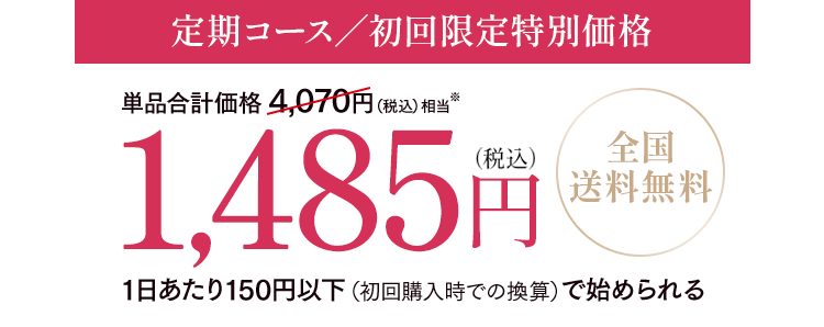 定期コース／初回限定特別価格 単品合計価格4,070円(税込)相当※が1,485円（税込） 全国送料無料　1日あたり150円以下（初回購入時での換算）で始められる