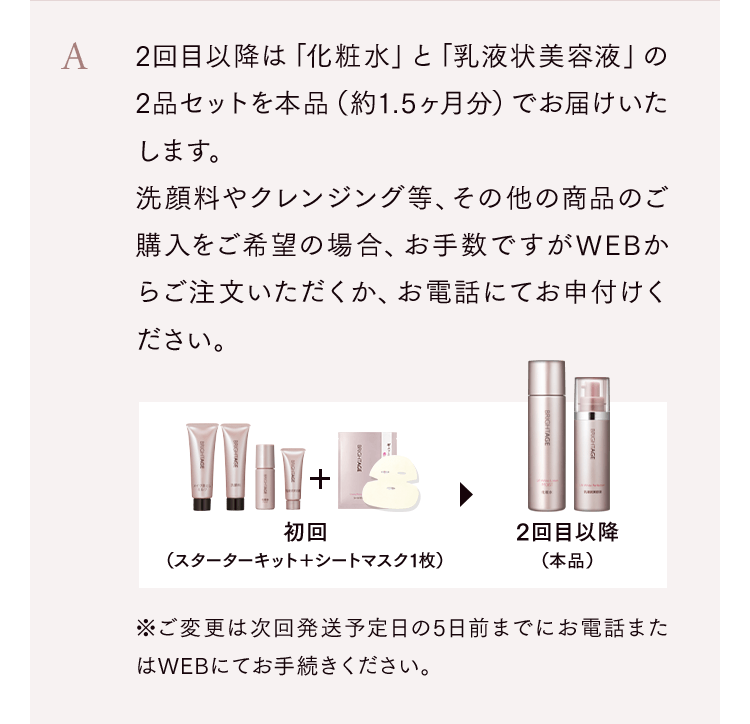2回目以降は「化粧水」と「乳液状美容液」の2品セットを本品（約1.5ヶ月分）でお届けいたします。洗顔料やクレンジング等、その他の商品のご購入をご希望の場合、お手数ですがWEBからご注文いただくか、お電話にてお申付けください。※ご変更は次回発送予定日の5日前までにお電話またはWEBにてお手続きください。