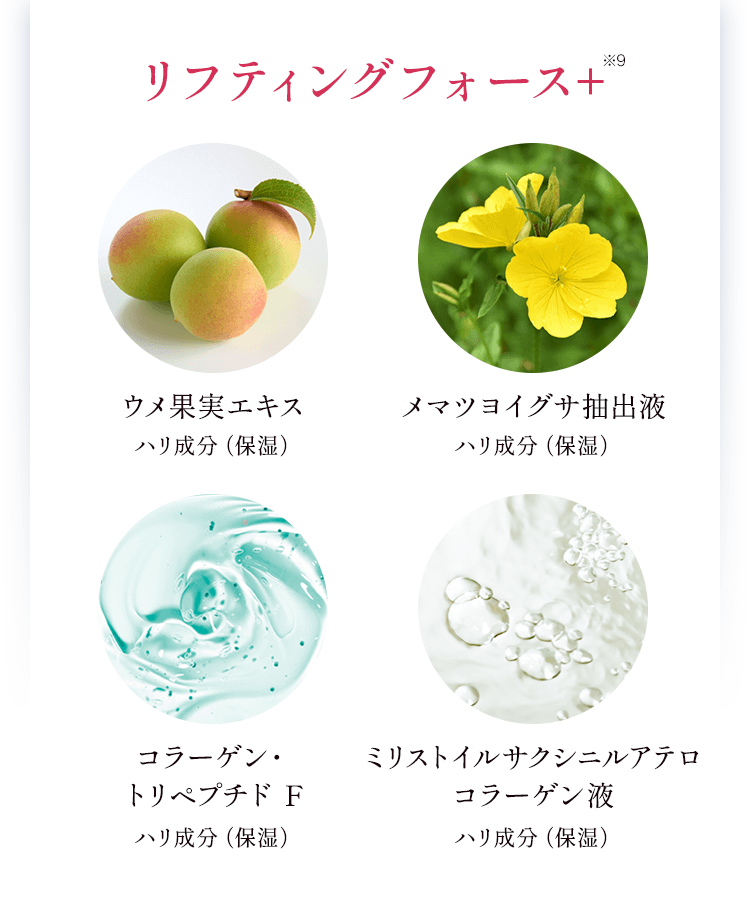 リフティングフォース+ ウメ果実エキス:ハリ成分（保湿） メマツヨイグサ抽出液:ハリ成分（保湿） コラーゲン・トリペプチド F:ハリ成分（保湿） ミリストイルサクシニルアテロコラーゲン液:ハリ成分（保湿） 