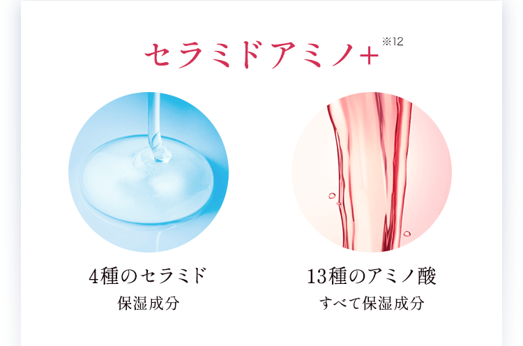 セラミドアミノ＋ 4種のセラミド:保湿成分 13種のアミノ酸:全て保湿成分