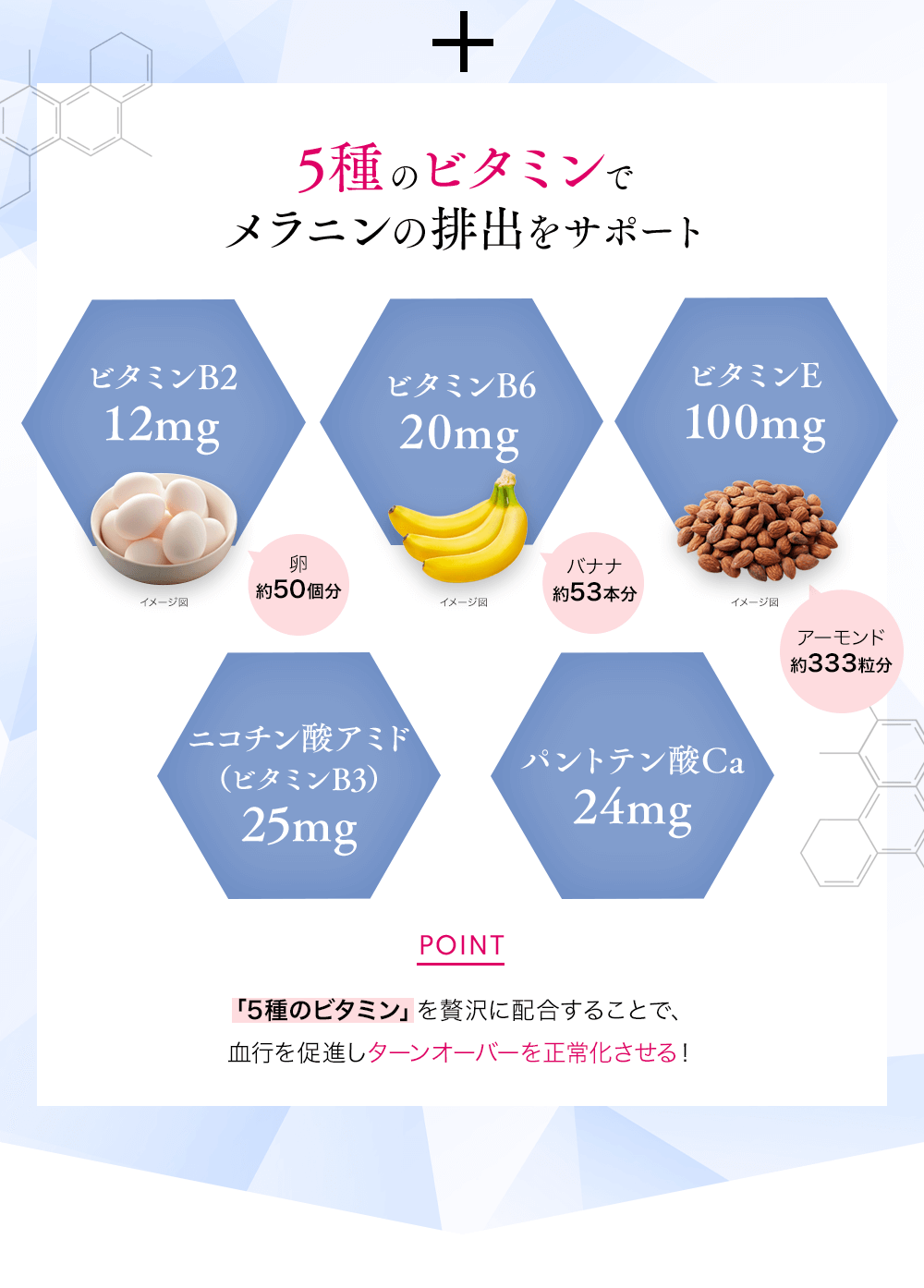 5種のビタミンでメラニンの排出をサポートビタミンB212mg卵約50個分 イメージ図 ビタミンE100mgアーモンド約333粒分 イメージ図 ビタミンB620mgバナナ約53本分 イメージ図 ニコチン酸アミド(ビタミンB3)25mgパントテン酸Ca24mg「5種のビタミン」を贅沢に配合することで、血行を促進しターンオーバーを正常化させる!