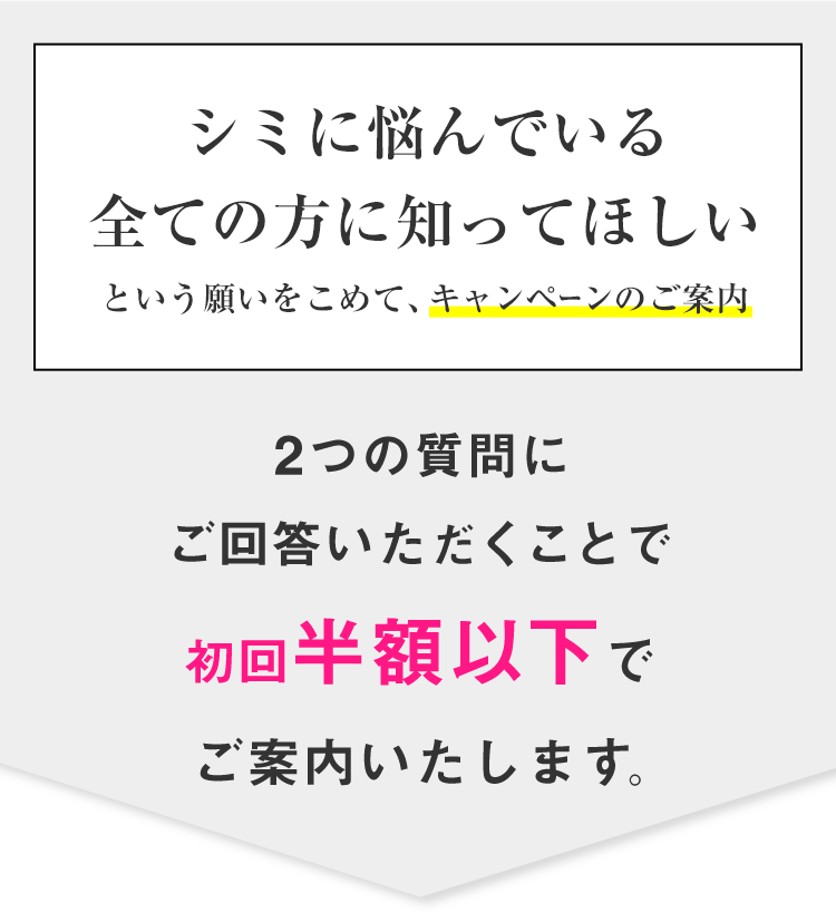 シミに悩んでいる全ての方に知ってほしいという願いをこめて、キャンペーンのご案内 2つの質問にご回答いただくことで 初回半額以下でご案内いたします。