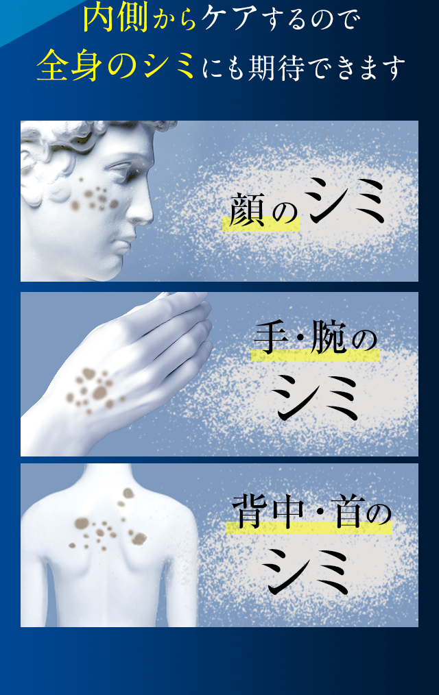内側からケアするので全身のシミにも期待できます 顔のシミ／手・腕のシミ／背中・首のシミ