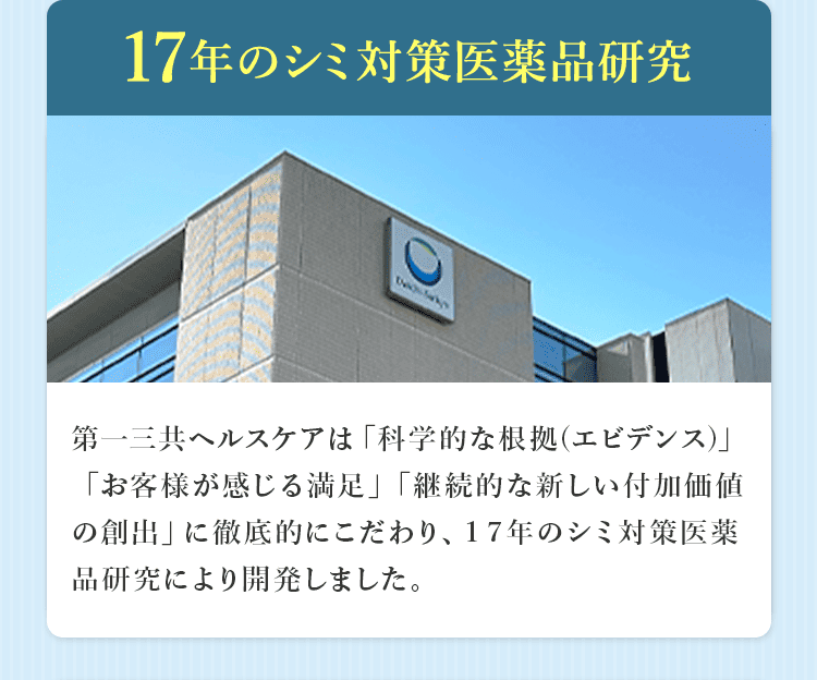 17年のシミ対策医薬品研究 第一三共ヘルスケアは「科学的な根拠(エビデンス)」「お客様が感じる満足」「継続的な新しい付加価値の創出」に徹底的にこだわり、１７年のシミ対策医薬品研究により開発しました。