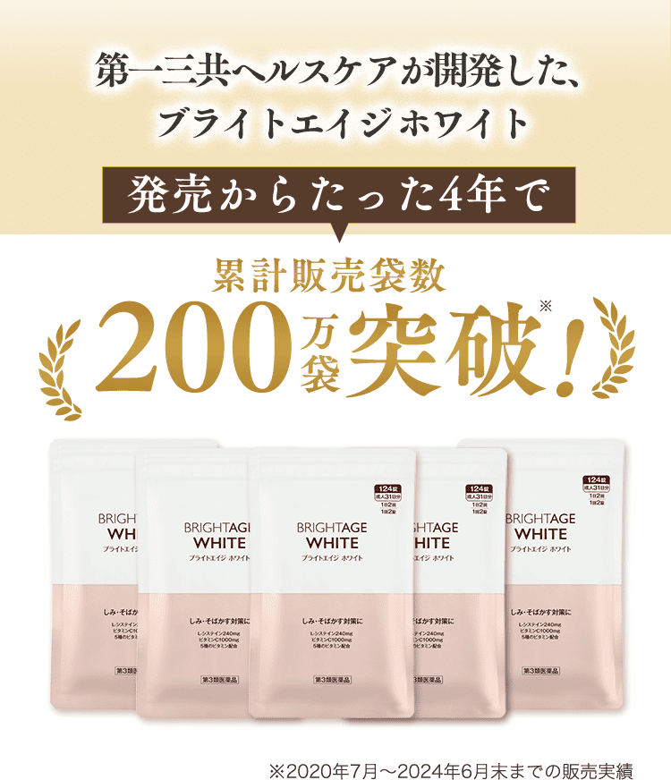 第一三共ヘルスケアが開発した、 ブライトエイジ ホワイト 発売からたった4年で　累計販売袋数　200万袋突破！※2020年7月～2024年6月末までの販売実績