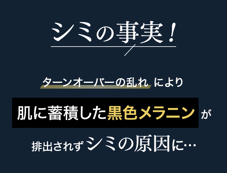 シミの事実！ターンオーバーの乱れにより肌に蓄積した黒色メラニンが排出されずシミの原因に…