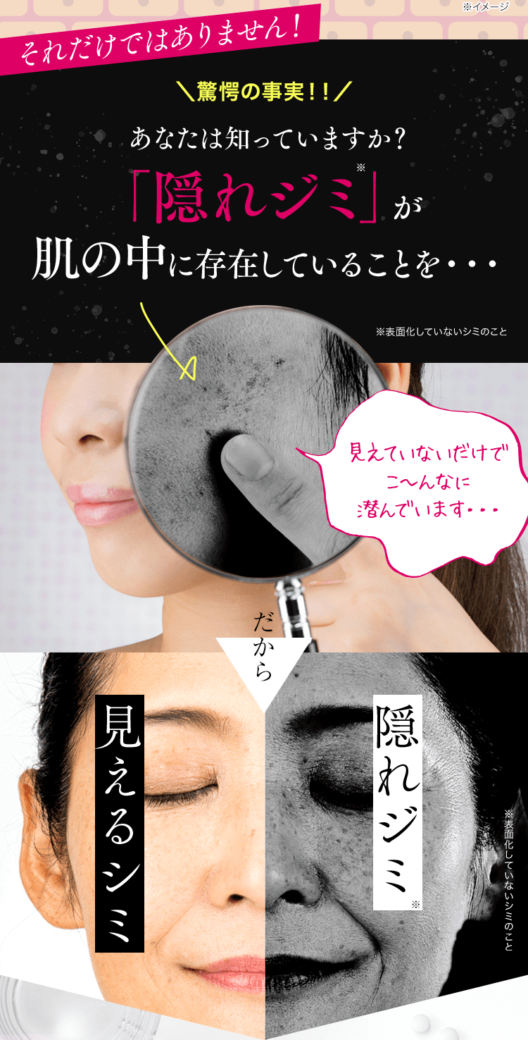 それだけではありません!\驚愕の事実!!/あなたは知っていますか? 「隠れジミ」が 肌の中に存在していることを・・・※表面化していないシミのこと 見えていないだけでこ〜んなに潜んでいます・・・だから隠れジミ※表面化していないシミのこと 見えるシミ