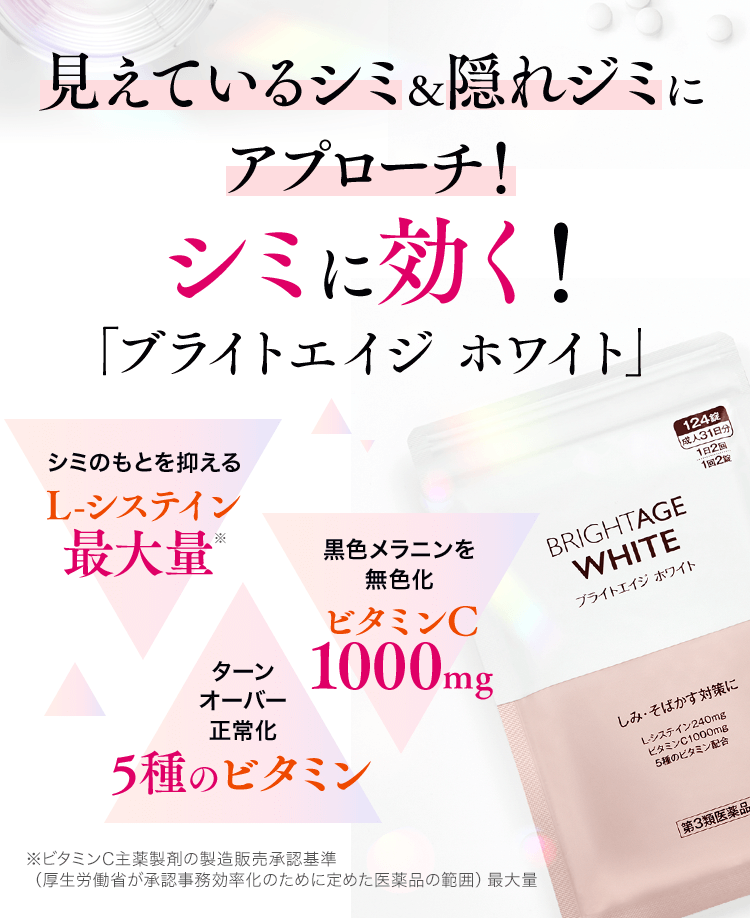 見えているシミ&隠れジミに アプローチ!シミに効く!「ブライトエイジホワイト」シミのもとを抑えるL-システイン最大量※黒色メラニンを無色化ビタミンC1000mgターンオーバー正常化5種のビタミン※ビタミンC主薬製剤の製造販売承認基準(厚生労働省が承認事務効率化のために定めた医薬品の範囲)最大量