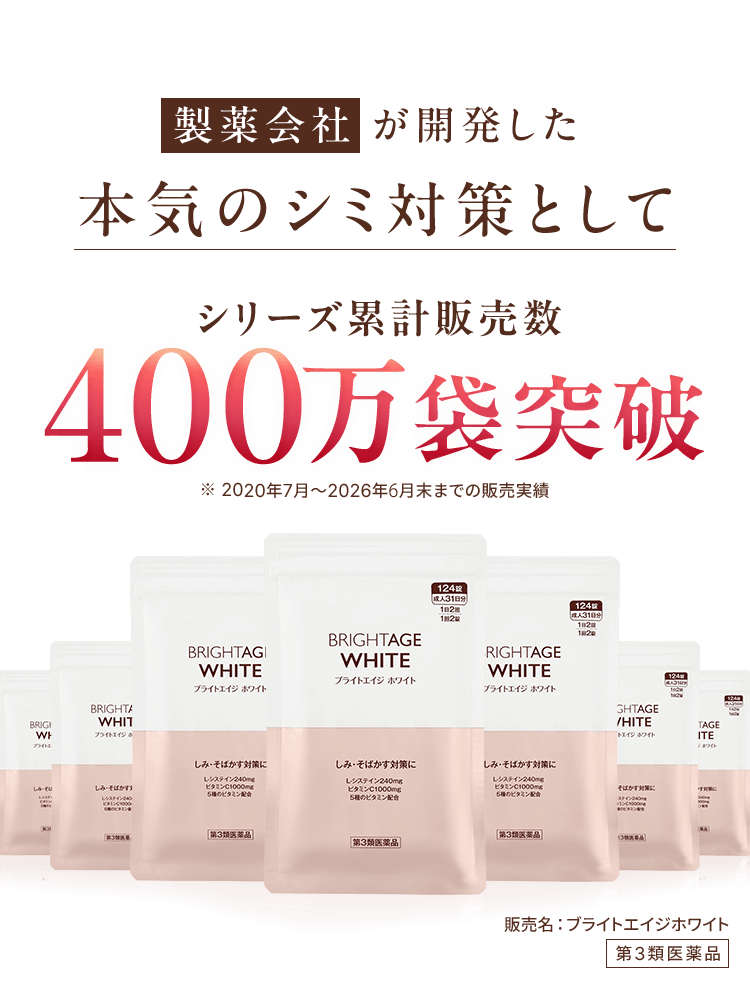 製薬会社が開発した 本気のシミ対策として シリーズ累計販売数400万袋突破 ※ 2020年7月～2026年6月末までの販売実績 販売名：ブライトエイジホワイト 第3類医薬品