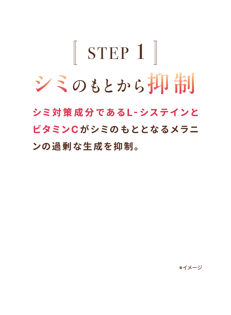 STEP1 シミのもとから抑制 シミ対策成分であるL-システインとビタミンCがシミのもとになるメラニンの過剰な生成を抑制。