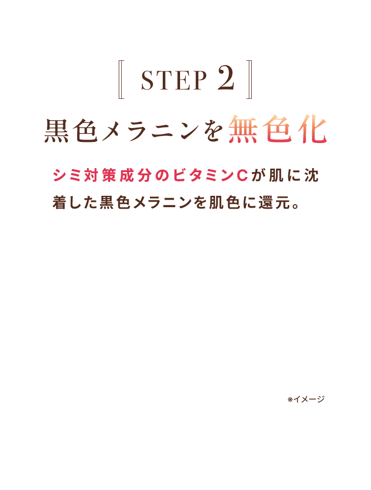 STEP2 黒色メラニンを無色化 シミ対策成分のビタミンCが肌に沈着した黒色メラニンを肌色に還元。