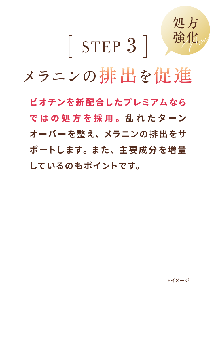 STEP3 処方強化 メラニンの排出を促進 ビオチンを新配合したプレミアムならではの処方を採用。乱れたターンオーバーを整え、メラニンの排出をサポートします。また、主要成分を増量しているのもポイントです。