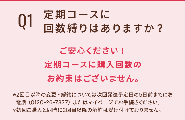 Q1 定期コースに回数縛りはありますか？ ご安心ください！定期コースに購入回数のお約束はございません。 ※2回目以降の変更・解約については次回発送予定日の5日前までにお電話（0120-26-7877）またはマイページでお手続きください。 ※初回ご購入と同時に2回目以降の解約は受け付けておりません。