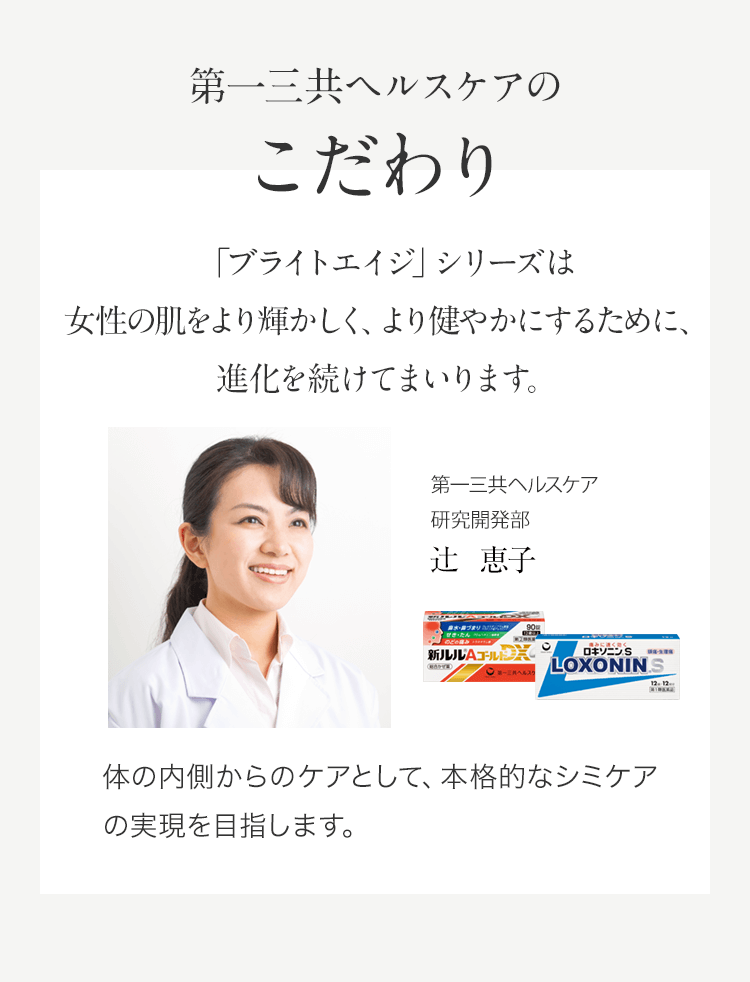 第一三共ヘルスケアのこだわり「ブライトエイジ」シリーズは女性の肌をより輝かしく、より健やかにするために、進化を続けてまいります。第一三共ヘルスケア研究開発部辻恵子体の内側からのケアとして、本格的なシミケアの実現を目指します。