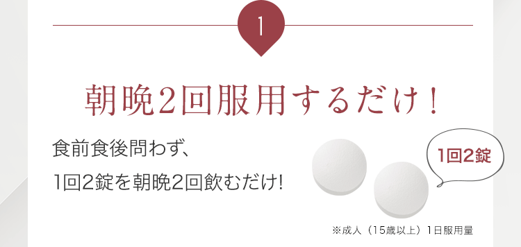1 朝晩2回服用するだけ！食前食後問わず、1回2錠を朝晩2回飲むだけ! ※成人（15歳以上）1日服用量