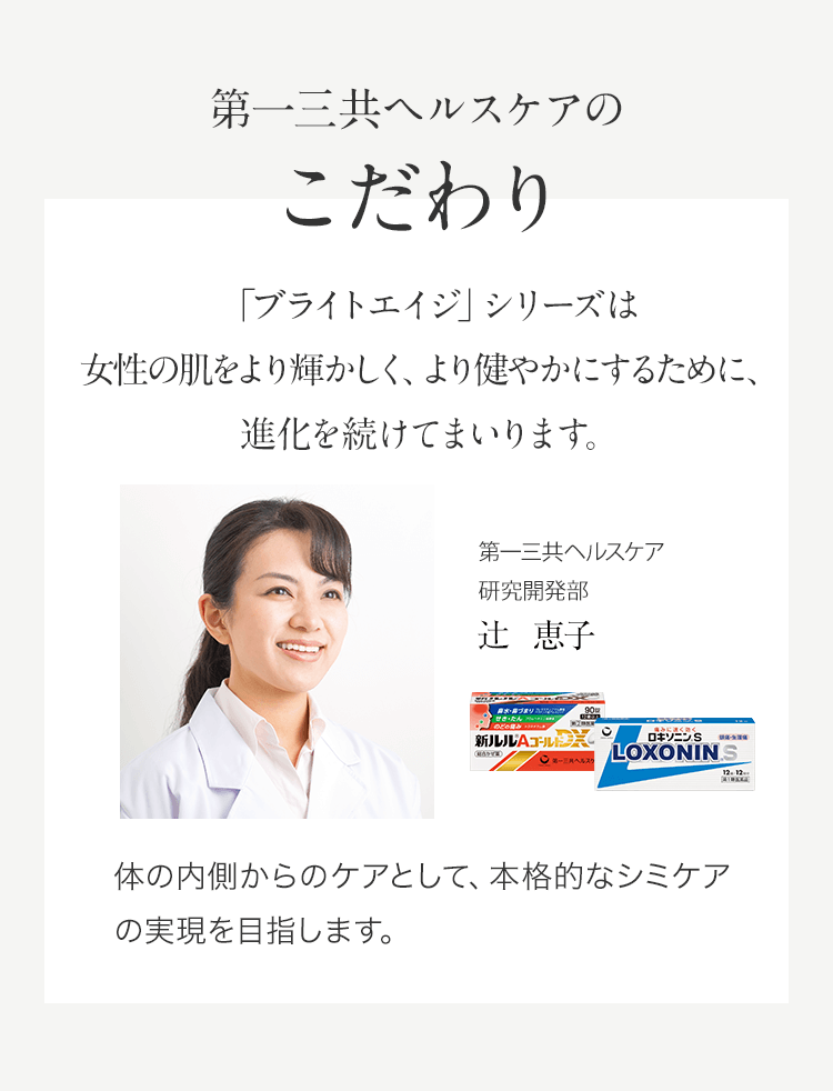 第一三共ヘルスケアのこだわり「ブライトエイジ」シリーズは女性の肌をより輝かしく、より健やかにするために、進化を続けてまいります。第一三共ヘルスケア研究開発部辻恵子 体の内側からのケアとして、本格的なシミケアの実現を目指します。