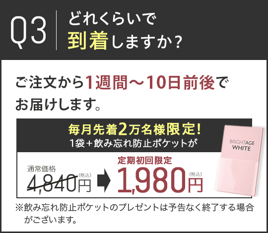 Q3.どれくらいで到着しますか？A.ご注文から1週間～10日前後でお届けします。 毎月先着2万名様限定!1袋＋飲み忘れ防止ポケットが通常価格4,840円（税込）から定期初回限定1,980円（税込）に！ ※飲み忘れ防止ポケットのプレゼントは予告なく終了する場合がございます。